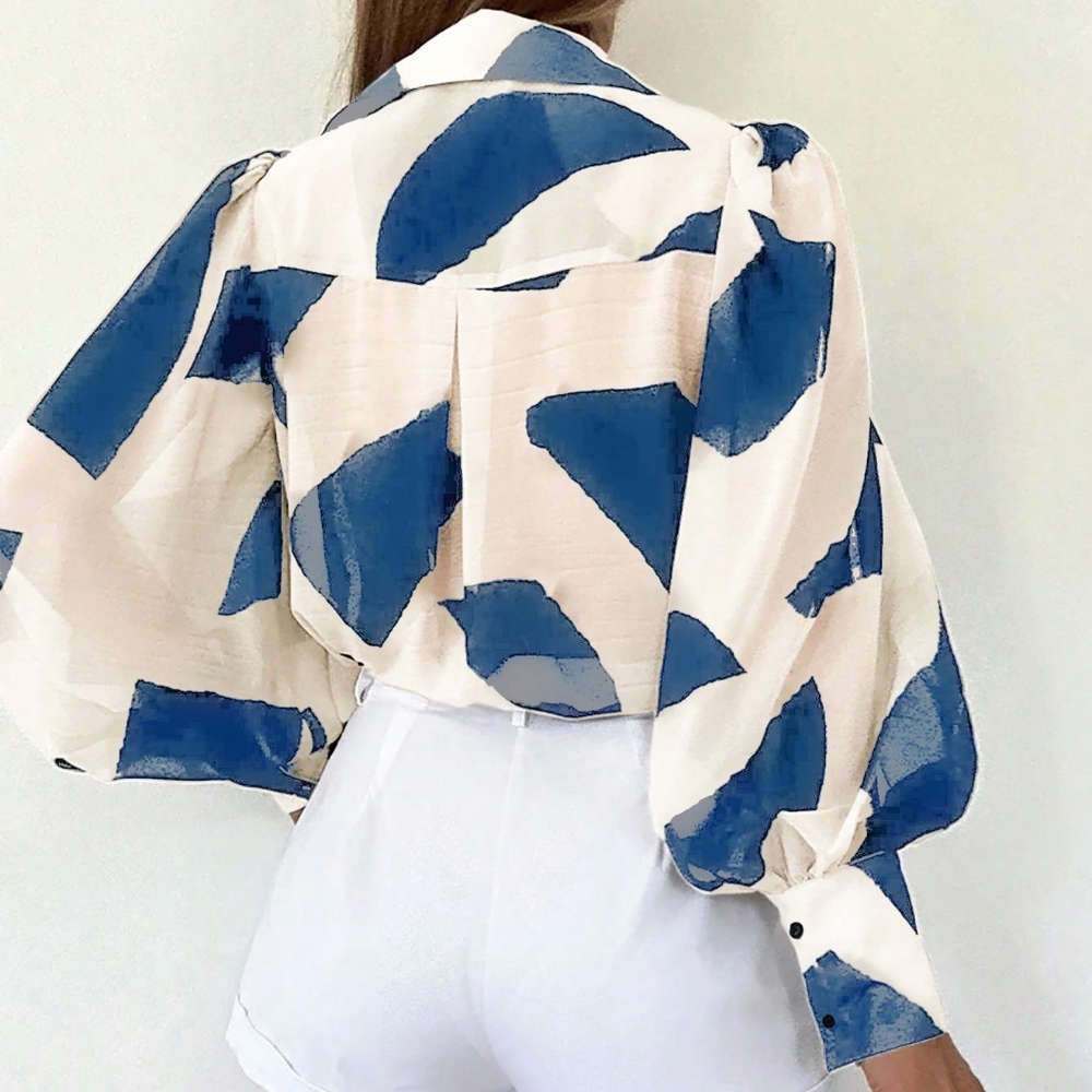 Women's Long Sleeve Allover Print Blouse With Shirt Collar, Casual - Picture 4 of 4